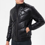 Mock Neck Quilted Leather Jacket // Black (M)