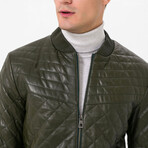 Mock Neck Diamond Quilted Leather Jacket // Khaki (L)