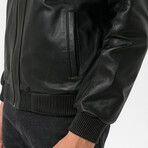 High Neck Double Front Zip Leather Jacket // Black (2XL)