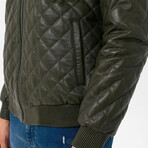 Mock Neck Diamond Quilted Leather Jacket // Khaki (S)