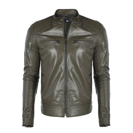 Double Front Zip Racer Leather Jacket // Khaki (S)