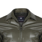 High Neck Racer Leather Jacket // Khaki (S)