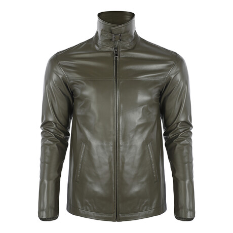 High Neck Racer Leather Jacket // Khaki (S)