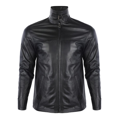 High Neck Racer Leather Jacket // Black (S)