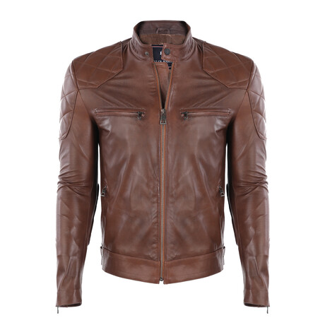 Double Front Zip Racer Leather Jacket // Chestnut (S)