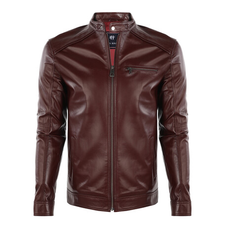 Front Zip Racer Leather Jacket // Burgundy (S)