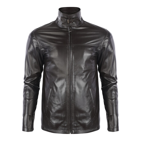 High Neck Racer Leather Jacket // Brown (S)