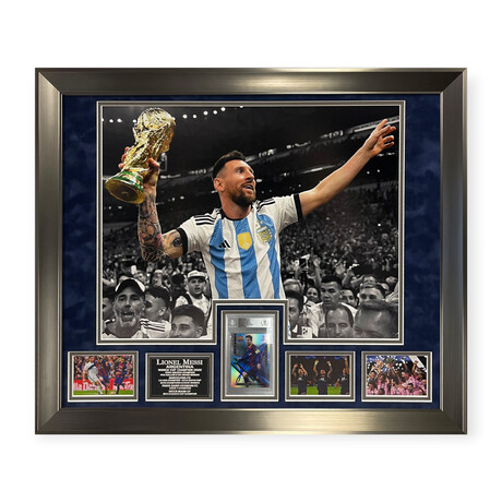 Lionel Messi // Autographed Trading Card + Framed Collage