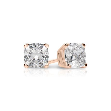 14K Rose Gold Cushion Cut Earth-Mined Diamond Stud Earrings // New