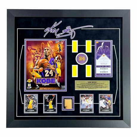 Kobe Bryant Final Lakers Game Used Authentic Floor, Confetti & Final Season Ticket Collage Framed #D/50