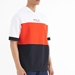 Blocked Hooded Oversize T-Shirt // White + Orange + Navy Blue (S)