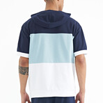 Blocked Hooded Oversize T-Shirt // Navy Blue + Light Blue + White (S)