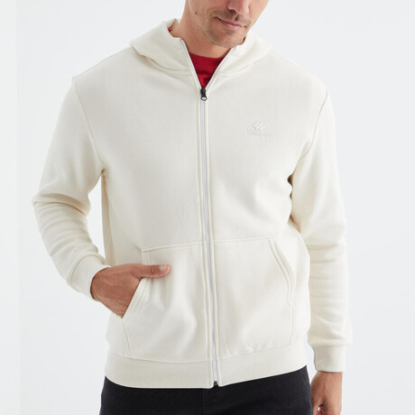 Hooded Embroidery Detailed Zippered Sweatshirt // Ecru (S)