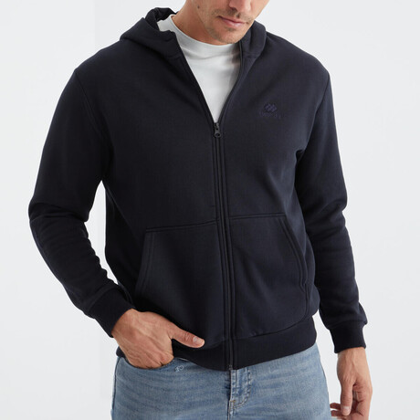 Hooded Embroidery Detailed Zippered Sweatshirt // Navy Blue (S)