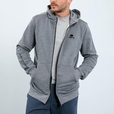 Hooded Embroidery Detailed Zippered Sweatshirt // Gray Melange (S)