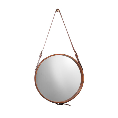 Wynn Small Round Steel Mirror // Brown Leather