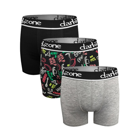 Set of 3 Boxer Briefs // Black + Lettering Print + Gray (S)