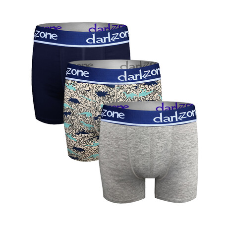 Set of 3 Boxer Briefs // Navy + Dinosaur Print + Gray (S)