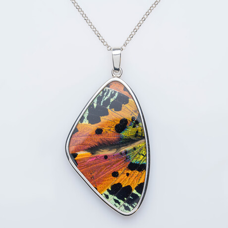 Genuine Madagascan Sunset Butterfly Wing Pendant with 18" Sterling Silver Necklace v.3