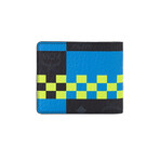 Aren Small Checkerboard Print Visetos Leather Slim Wallet // Blue, Neon Yellow, Black