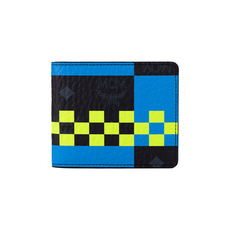 Aren Small Checkerboard Print Visetos Leather Slim Wallet // Blue, Neon Yellow, Black