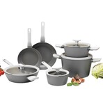 BergHOFF Leo 10Pc Nonstick Ceramic Cookware Set With Glass lid // Grey