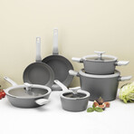 BergHOFF Leo 10Pc Nonstick Ceramic Cookware Set With Glass lid // Grey