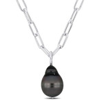 11-12mm Cultured Tahitian Pearl & Oval Link Drop Pendant with Chain in Sterling Silver - 18 in