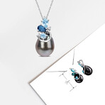 9-10mm Black Tahitian Cultured Pearl 5/8 CT TGW Blue Topaz London and Blue Topaz Sky with Diamond Accent Pendant with Chain in 14k White Gold