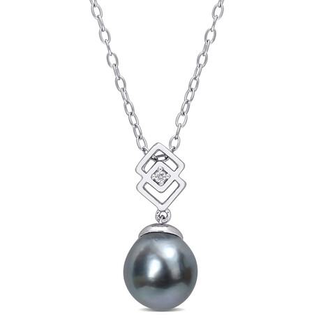 8-9mm Cultured Tahitian Pearl & White Topaz Lozenge Drop Pendant with Chain in Sterling Silver - 18 in