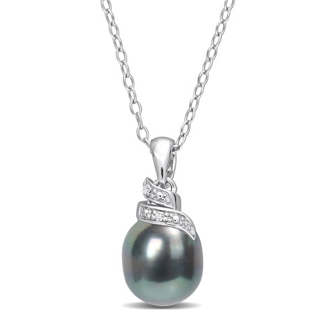 8-9mm Cultured Tahitian Pearl & Diamond Accent Wrap Pendant with Chain in Sterling Silver - 18 in