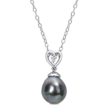 8-9mm Cultured Tahitian Pearl & White Topaz Accent Heart Drop Pendant with Chain in Sterling Silver - 18 in