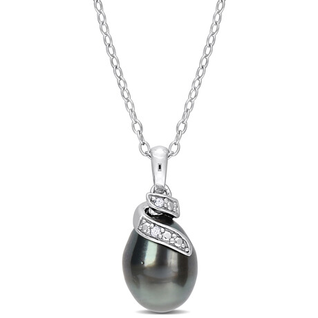 8-9mm Cultured Tahitian Pearl & Diamond Accent Swirl Pendant with Chain in Sterling Silver - 18 in