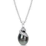 8-9mm Cultured Tahitian Pearl & Diamond Accent Swirl Pendant with Chain in Sterling Silver - 18 in