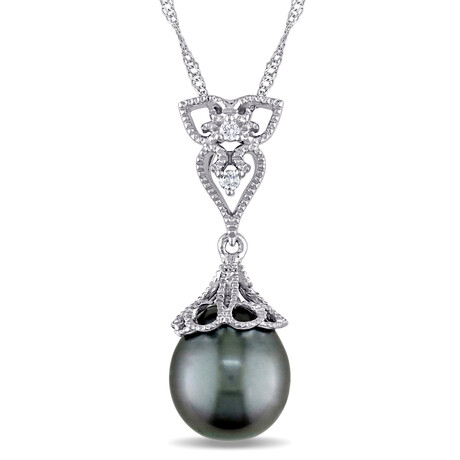 9 - 9.5mm Cultured Tahitian Pearl & Diamond Accent Vintage Drop Pendant With Chain in 14k White Gold - 17 in