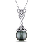 9 - 9.5mm Cultured Tahitian Pearl & Diamond Accent Vintage Drop Pendant With Chain in 14k White Gold - 17 in