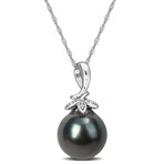 9-10mm Cultured Tahitian Pearl & Diamond Accent Cluster Leaf Pendant with Chain in 10k White Gold - 17 in