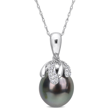 9-10mm Cultured Tahitian Pearl & 1/10ct TW Diamond Pendant with Chain in 14k White Gold - 17 in