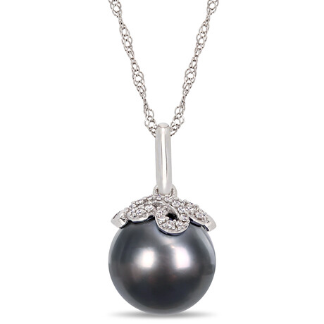 10-10.5mm Cultured Tahitian Pearl & Diamond Accent Pendant with Chain in 14k White Gold - 17 in