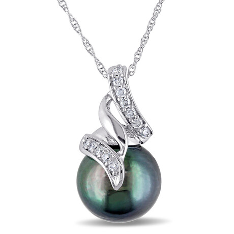 9.5-10mm Cultured Tahitian Pearl & 1/10ct TW Diamond Pendant with Chain in 10k White Gold - 17 in