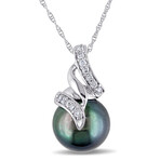 9.5-10mm Cultured Tahitian Pearl & 1/10ct TW Diamond Pendant with Chain in 10k White Gold - 17 in