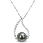 8-8.5mm Cultured Tahitian Pearl & 3/8ct TGW White Sapphire Teardrop Pendant with Chain in 10k White Gold - 17 in