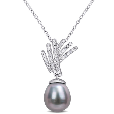 9.5-10mm Cultured Tahitian Pearl & Diamond Accent Drop Pendant with Chain in Sterling Silver - 18 in