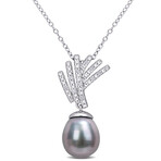 9.5-10mm Cultured Tahitian Pearl & Diamond Accent Drop Pendant with Chain in Sterling Silver - 18 in