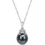 9-10mm Cultured Tahitian Pearl & Diamond Accent Pendant with Chain in 14k White Gold - 17 in