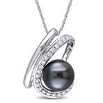 9-9.5mm Cultured Tahitian Pearl & 1/4ct TW Diamond Curlicue Pendant with Chain in 10k White Gold - 17 in