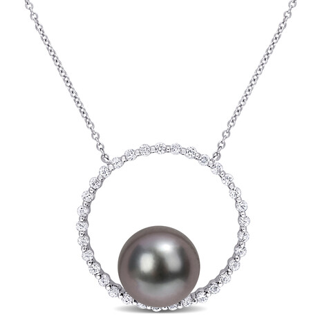 9.5-10mm Cultured Tahitian Pearl & 1/2ct TGW White Sapphire Circular Pendant with Chain in 10k White Gold - 17 in