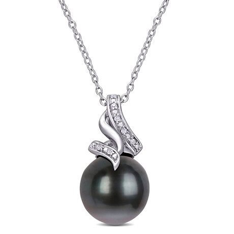 9-9.5mm Cultured Tahitian Pearl & Diamond Accent Twist Pendant with Chain in Sterling Silver - 18 in