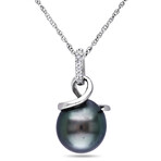 8 - 8.5mm Cultured Tahitian Pearl & Diamond Accent Twist Pendant with Chain in 10k White Gold - 17 in