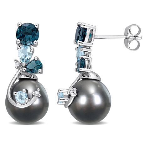 9-10mm Black Tahitian Cultured Pearl and 2 CT TGW Blue Topaz London and Blue Topaz Sky with Diamond Accent Earrings in 14k White Gold